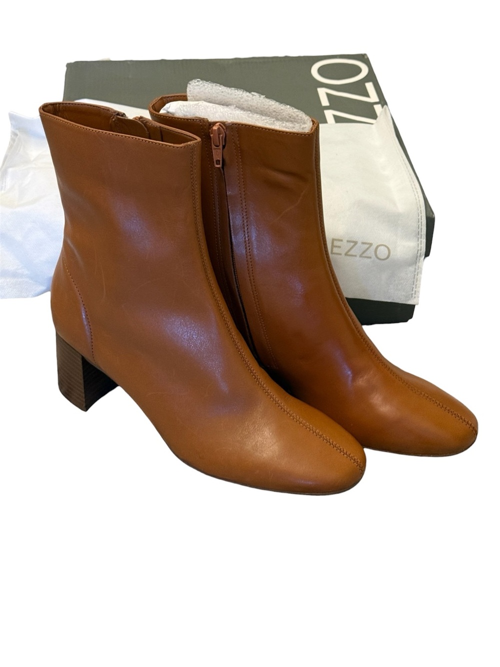 Arezzo Rebecca Roast Caramel Leather Ankle Booties with Block Heel